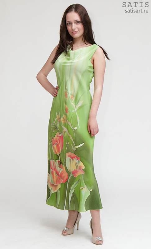 Платье из натурального шелка длинное Маки